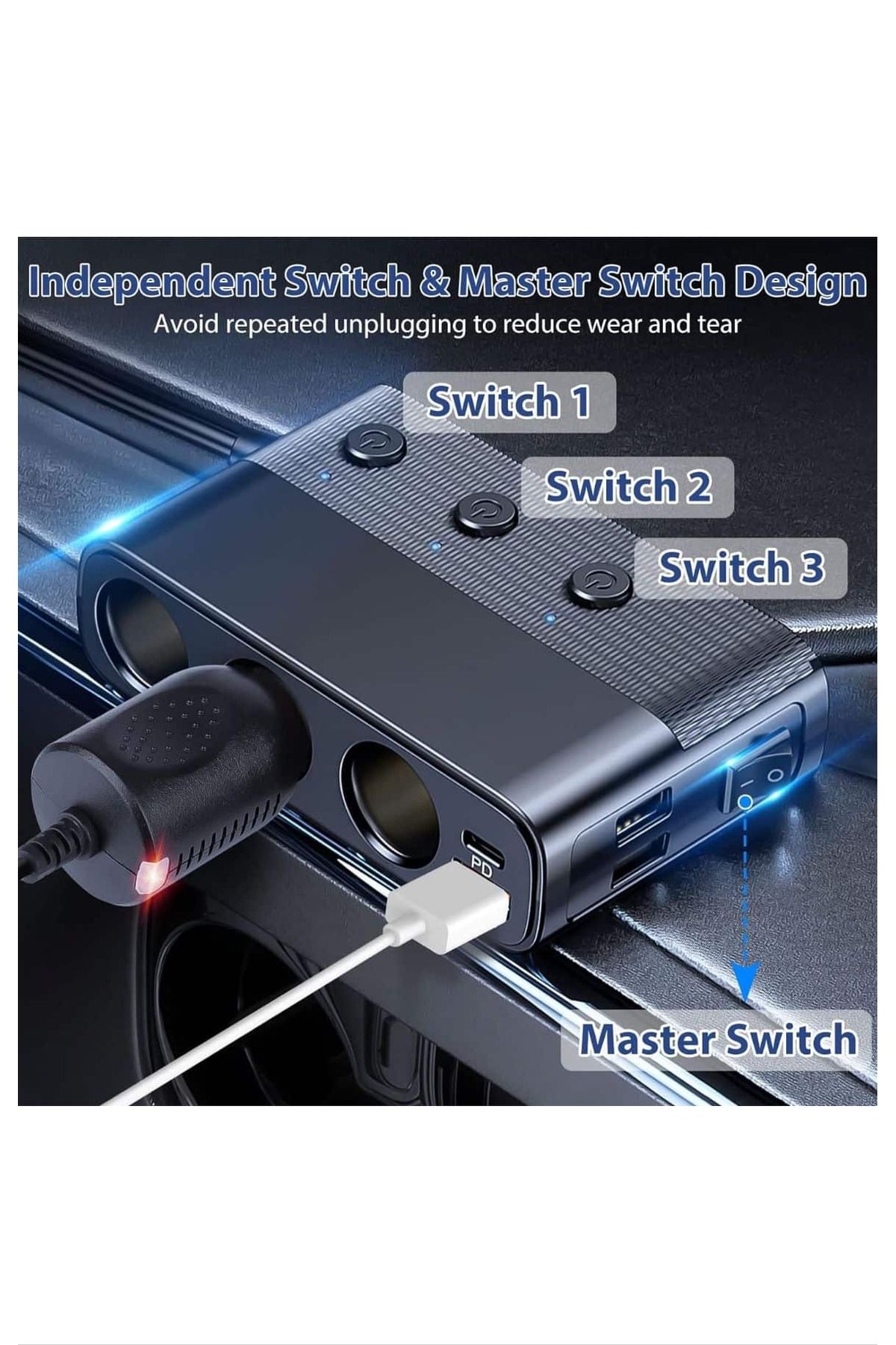 AUTOREY-7 in 1 Car Socket Adapter with LED Display 3 x USB Q.C 3.0 and USB-C port 127W 4
