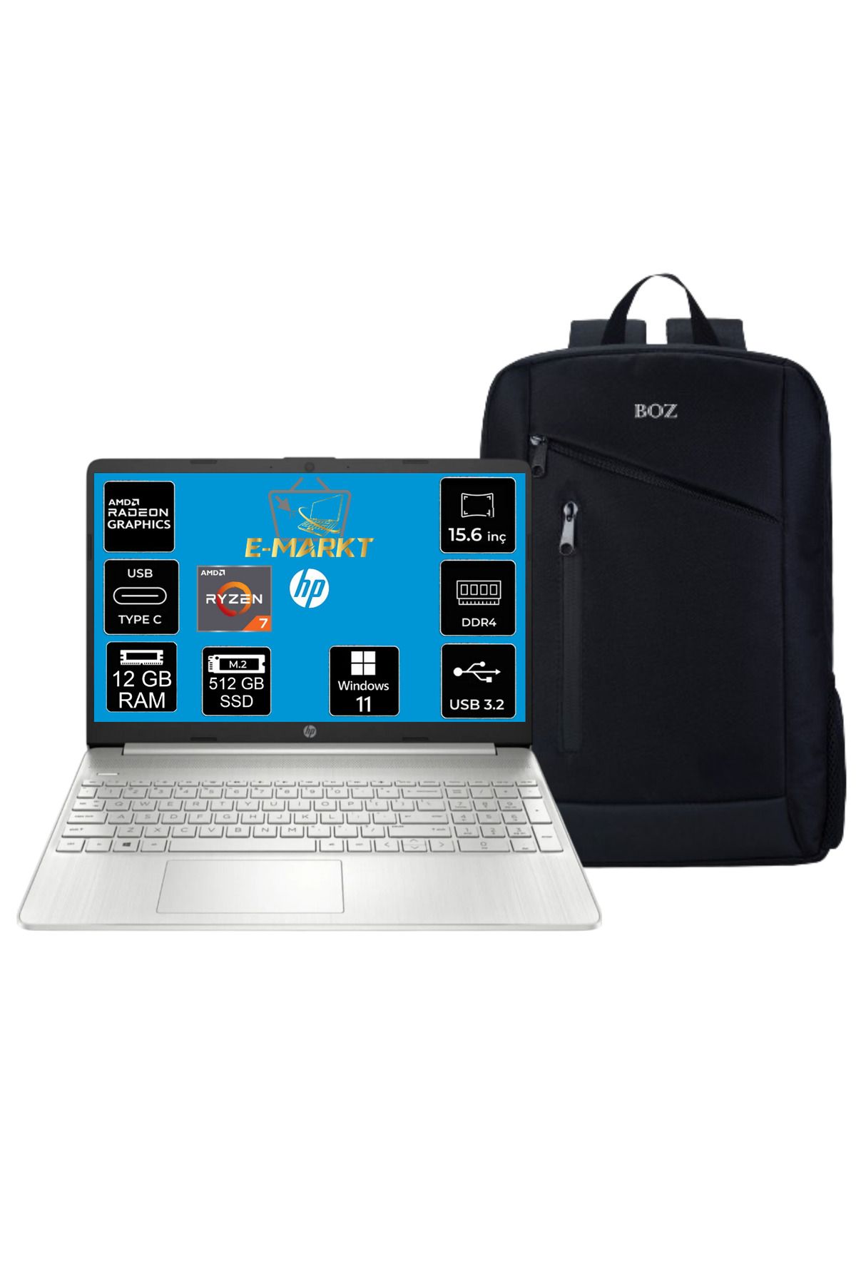 HP 15S-EQ2000NT AMD Ryzen 7 5700U 12GB 512GB SSD WIN1115.6" Taşınabilir Bilgisayar +Boz Çanta