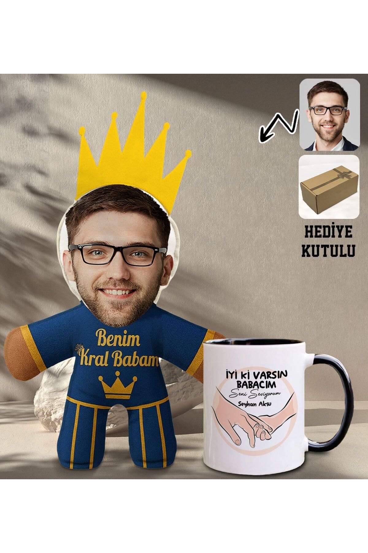 Bk Gift Kişiye Özel Fotoğraflı Kral Babam Tasarımlı Bebek Yastık-2 & Hediye seti 9