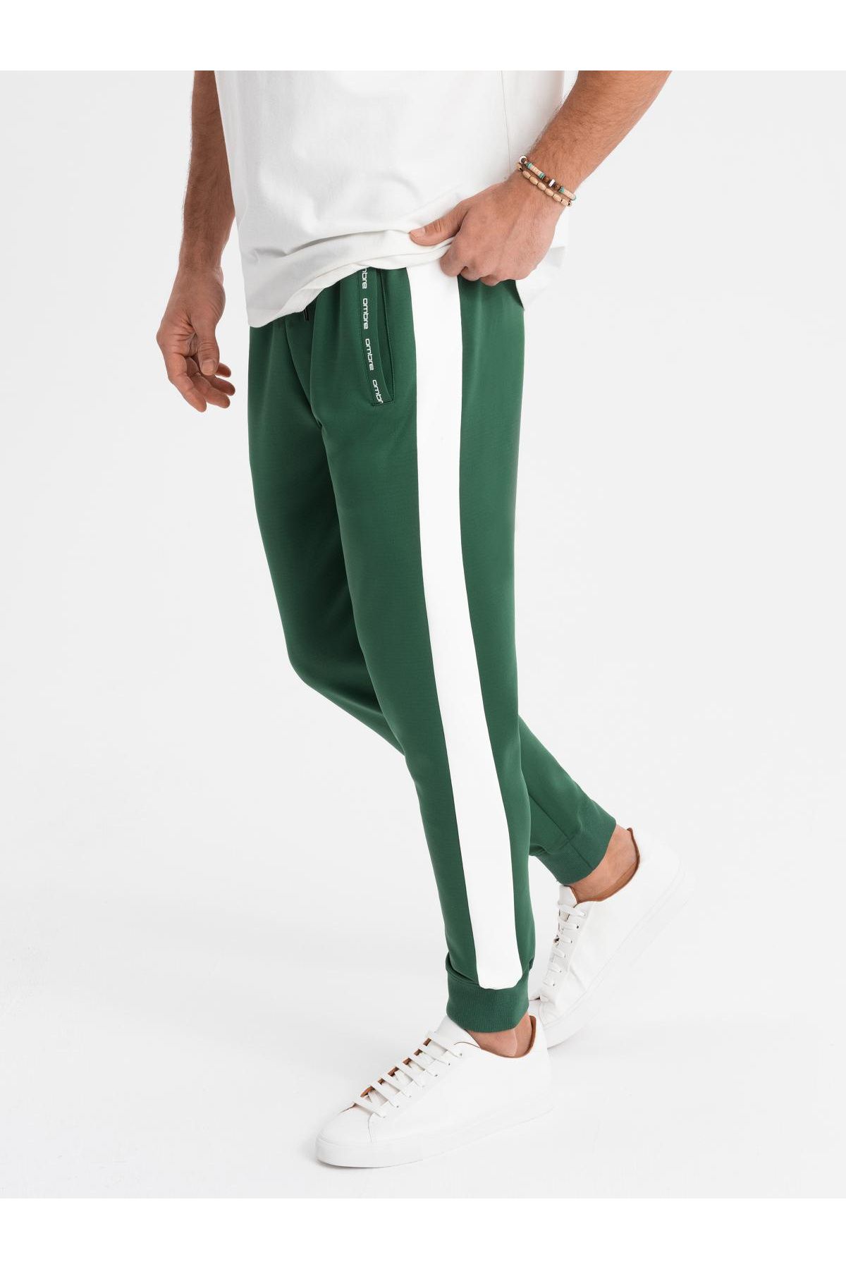 OMBRE-Herren Jogginghose Jogger mit Kontraststreifen - Dunkelgrün V7 OM-PASK-0229 S 1