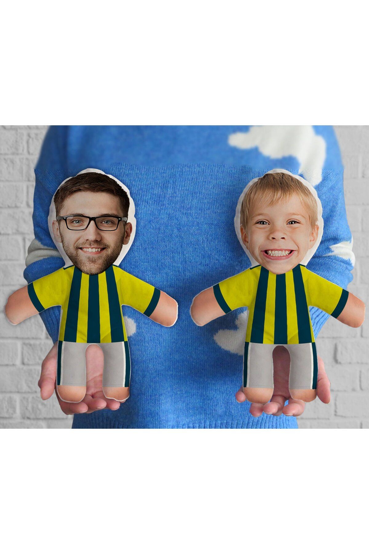 Bk Gift Kişiye Özel Sarı Lacivert Taraftar 2'li Baba&Oğul-Kız Futbolcu Bebek Yastık-1, Taraftar Hedi
