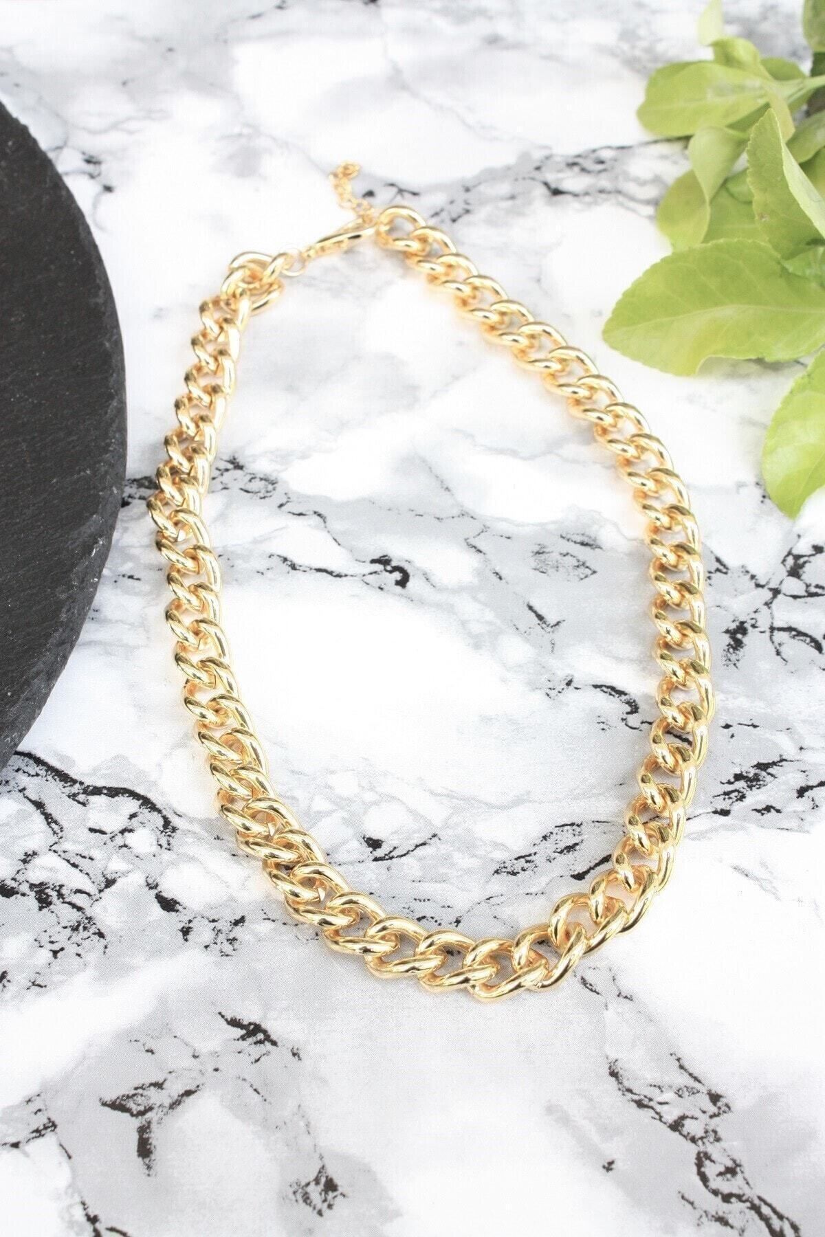 JEWELRY Kadın Gold Kaplama Büyük Boy Kalın Gourmet Zincir Kolye