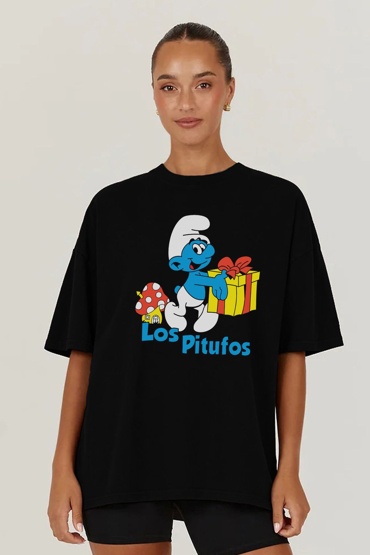 MODA Şirinler Smurfs Baskılı Oversize Kalıp Siyah Geniş Bol Kesim Kadın Tişört