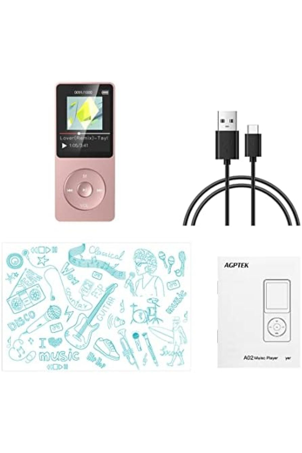 AGPTEK-A02 8GB MP3 Player, 70 Hours Playback Lossless Sound Music Player, Supports up to 128GB, Rose 7