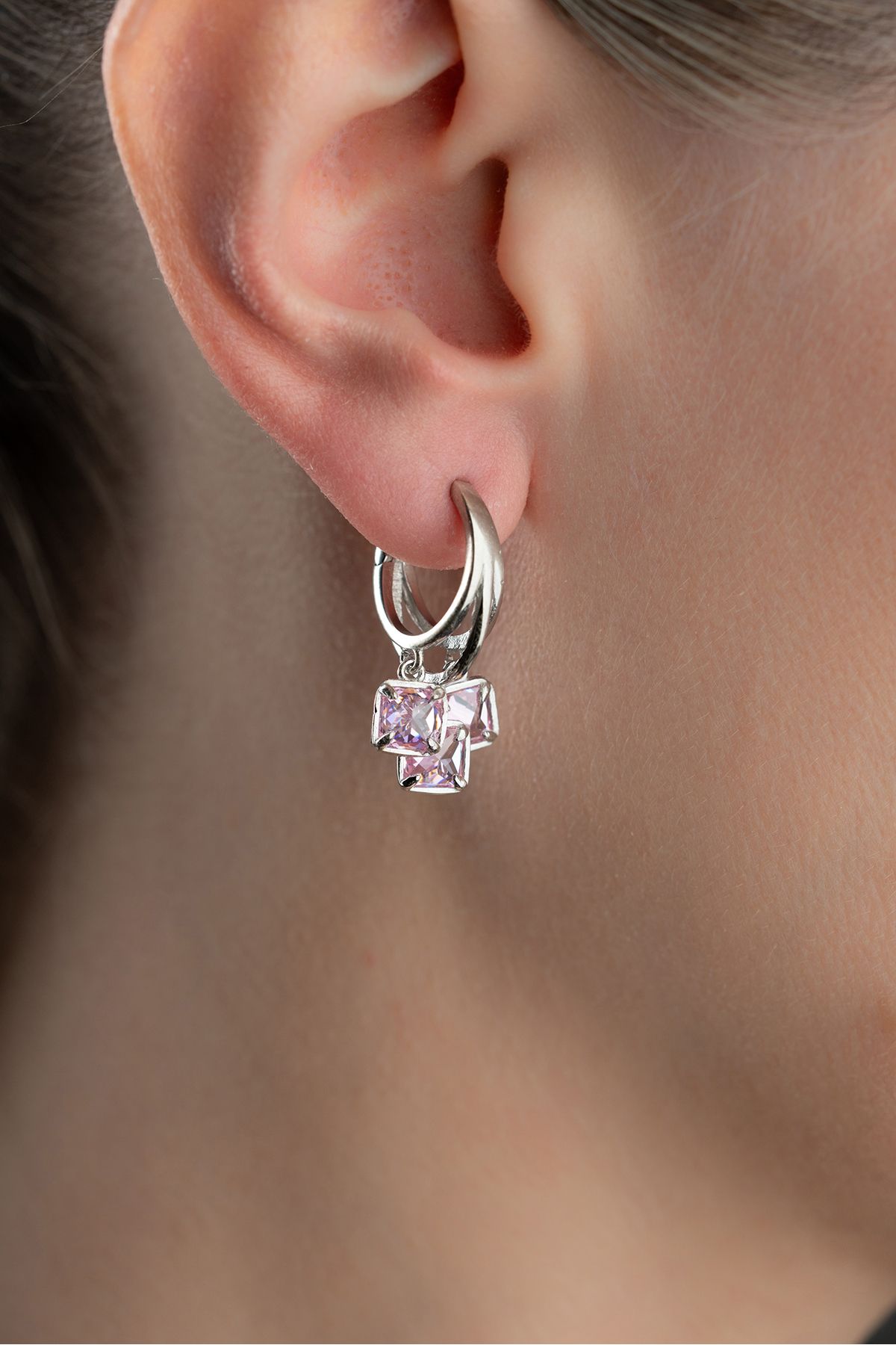 Silvano Jewelry 925 Ayar Gümüş Pembe Taşlı Küpe