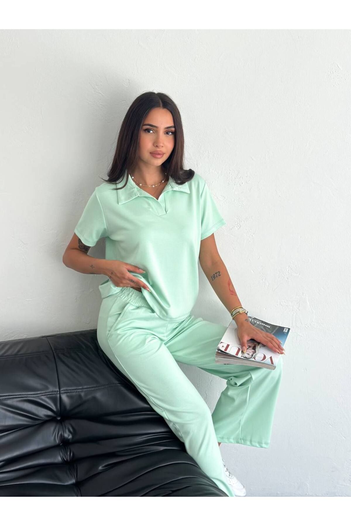 128ve980 KADIN POLO YAKA KISA KOL PANTOLONLU İKİLİ TAKIM