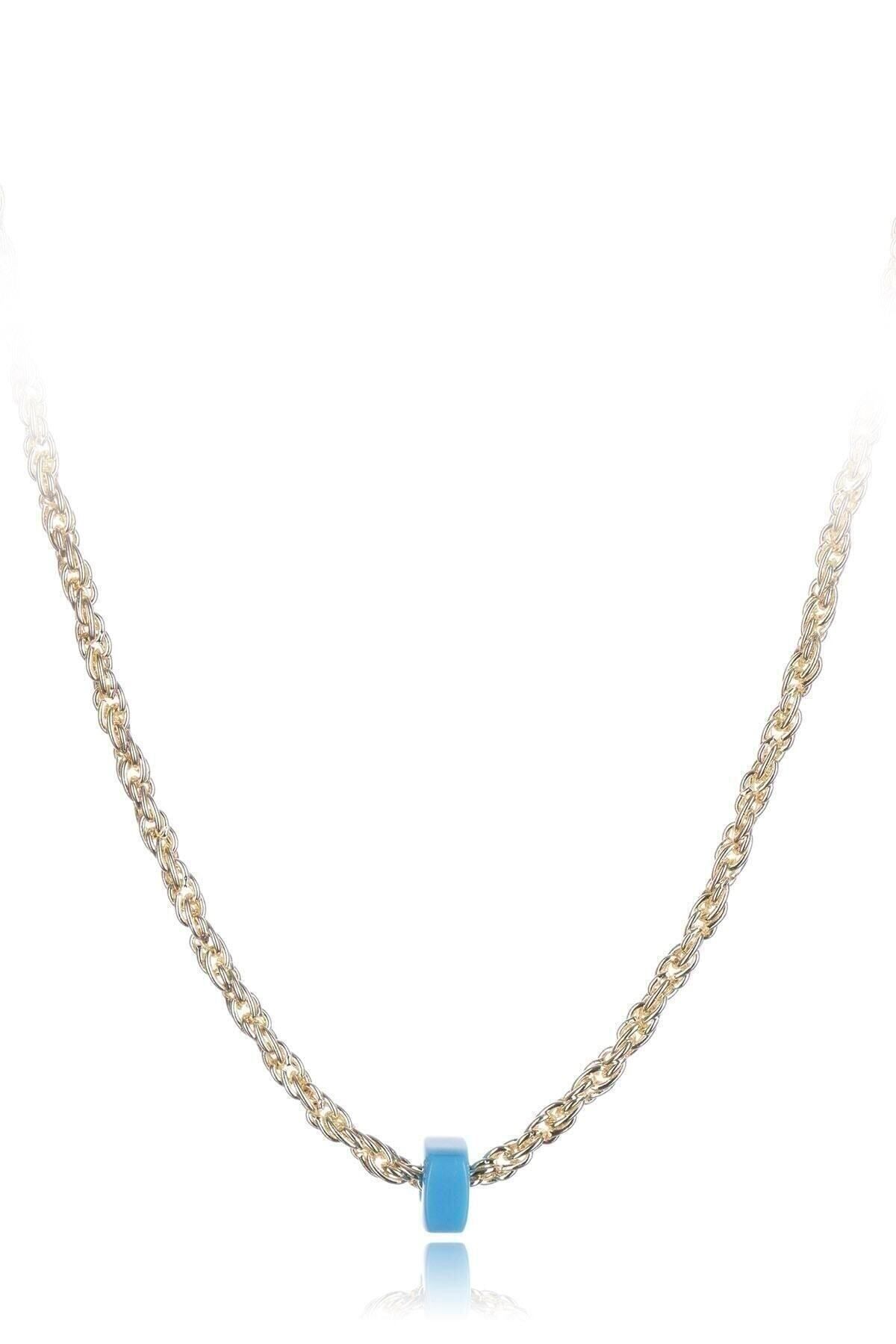 JEWELRY Kadın Altın Renk Zincirli Ucu Mavi Doğal Taşlı Kolye