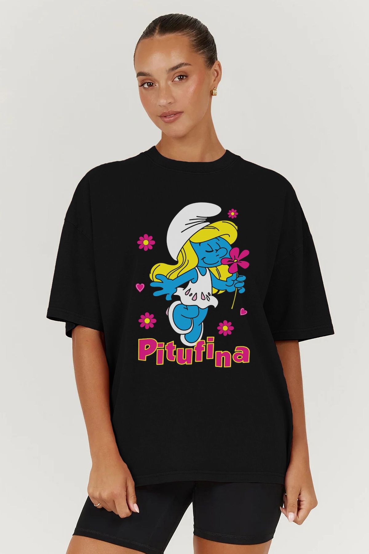 MODA Şirinler Şirine Smurfs Baskılı Oversize Kalıp Siyah Geniş Bol Kesim Kadın Tişört