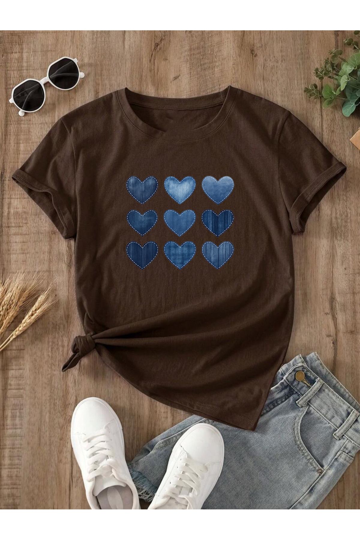 uyguntarz Unisex Jean Desenli Kalp Tasarım Basklı Tshirt
