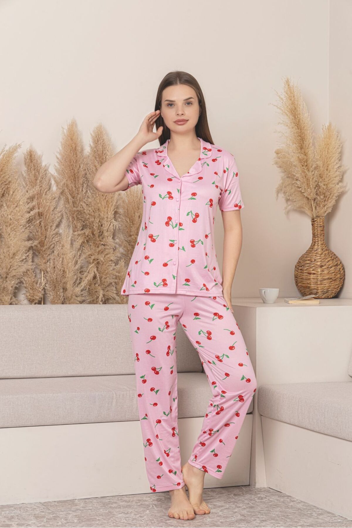 Asel Kısa Kollu Boydan Düğmeli Likralı Milan Pijama Takımı
