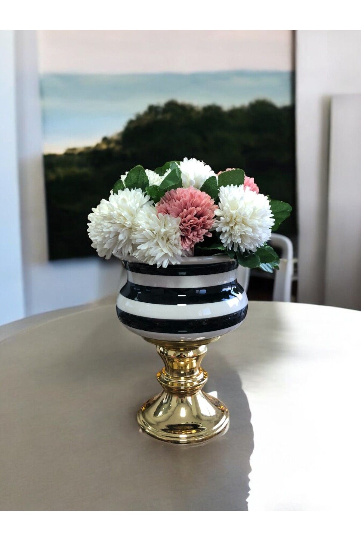 SerenityHaven Dekoratif Obje Gold Ayaklı Saksı Siyah Klasik Zebra - Feray Home