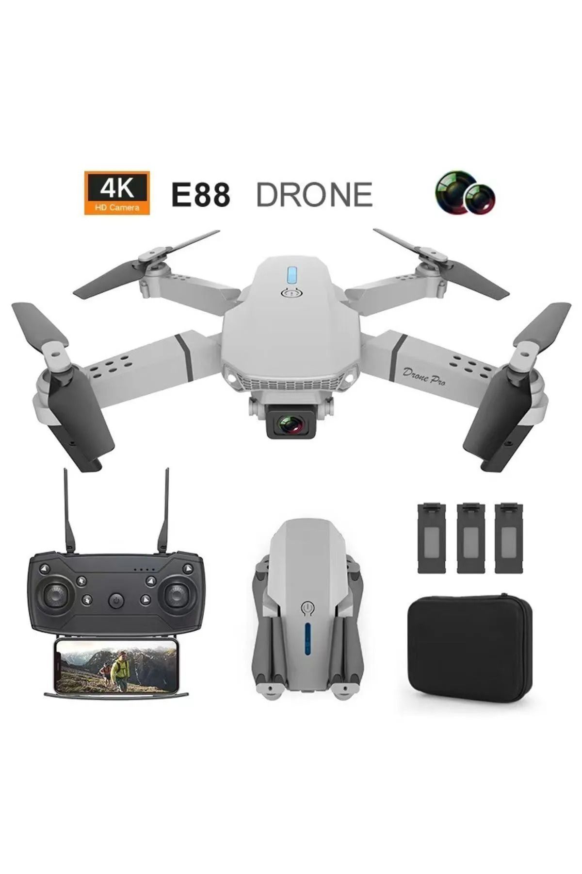 İMEXTECH Bilişim Burada E88 DRONE 4K HD ÇİFT KAMERALI DRONE WİFİ Lİ KATLANABİLİR QUATCOPTER X3 BATARYA