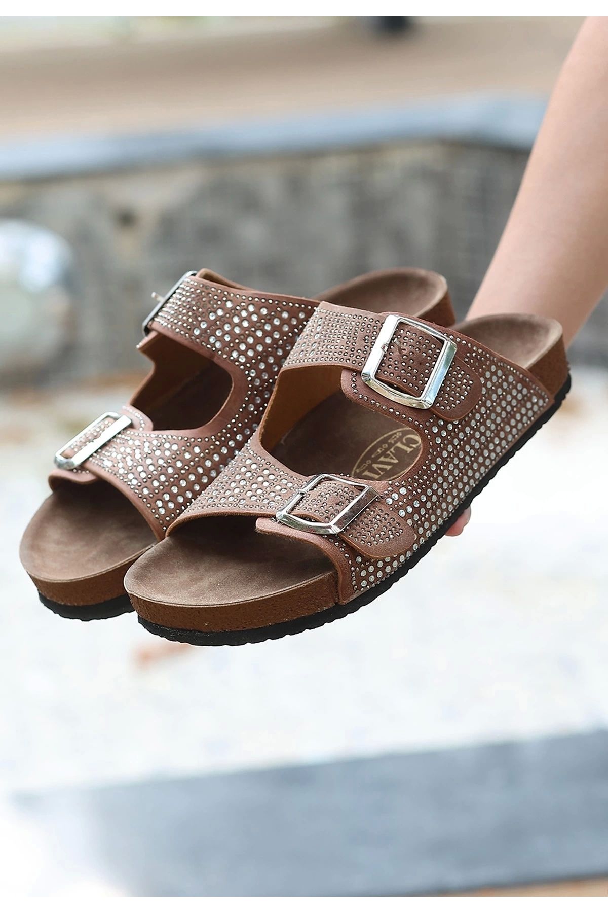 BellevieStore Monte Taba Nubuk Boncuk İşlemeli Terlik