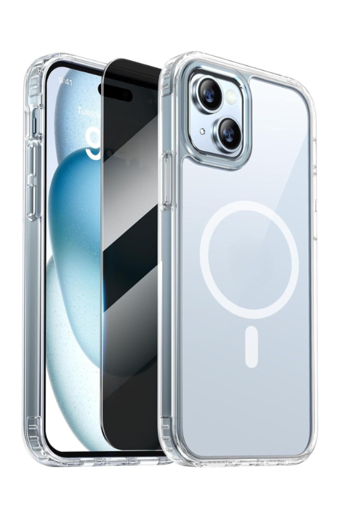 EVAX 1H1M iPhone 15 Plus Uyumlu 1 Hayalet Cam Ekran Koruyucu & 1 Magsafe Kılıf