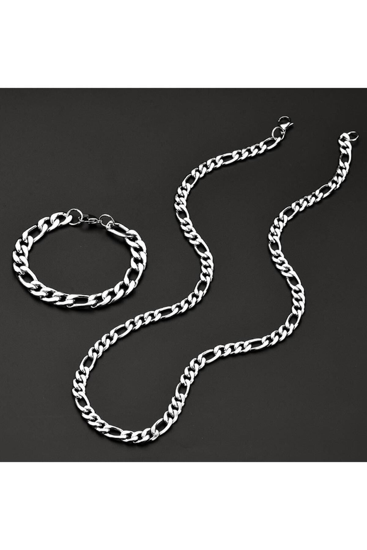 JEWELRY Çelik Erkek Bileklik Ve Kolye Zincir Set Gümüş Kaplama Takı Seti