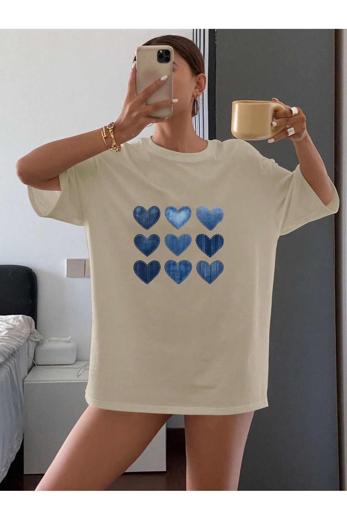 uyguntarz Unisex Jean Desenli Kalp Tasarım Basklı Tshirt