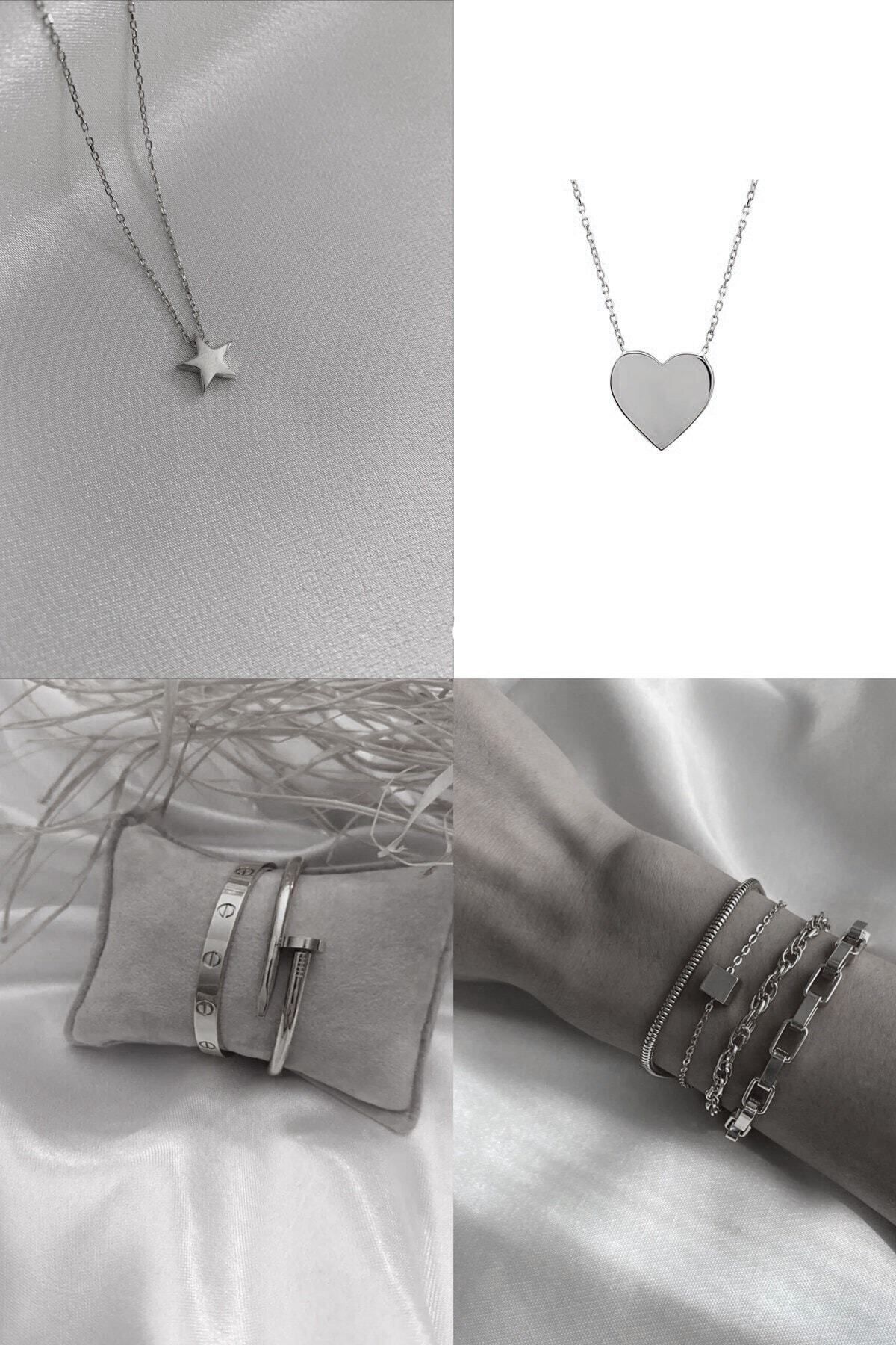 JEWELRY Gümüş Renk Kombin Kalp Kolye Yıldız Kolye Çivi Bileklik Ve Küp Kombin Bileklik - 2277