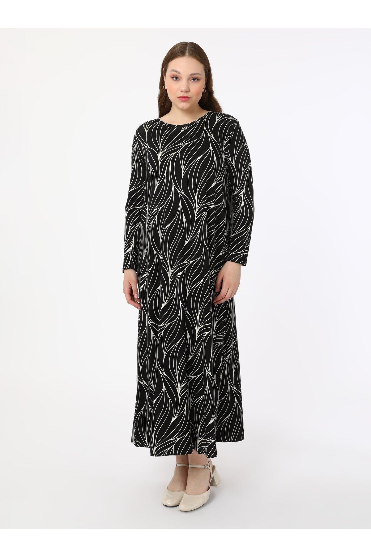 ALİA-Plus Size Patterned Knitted Dress - Black - Ecru - Alia 2