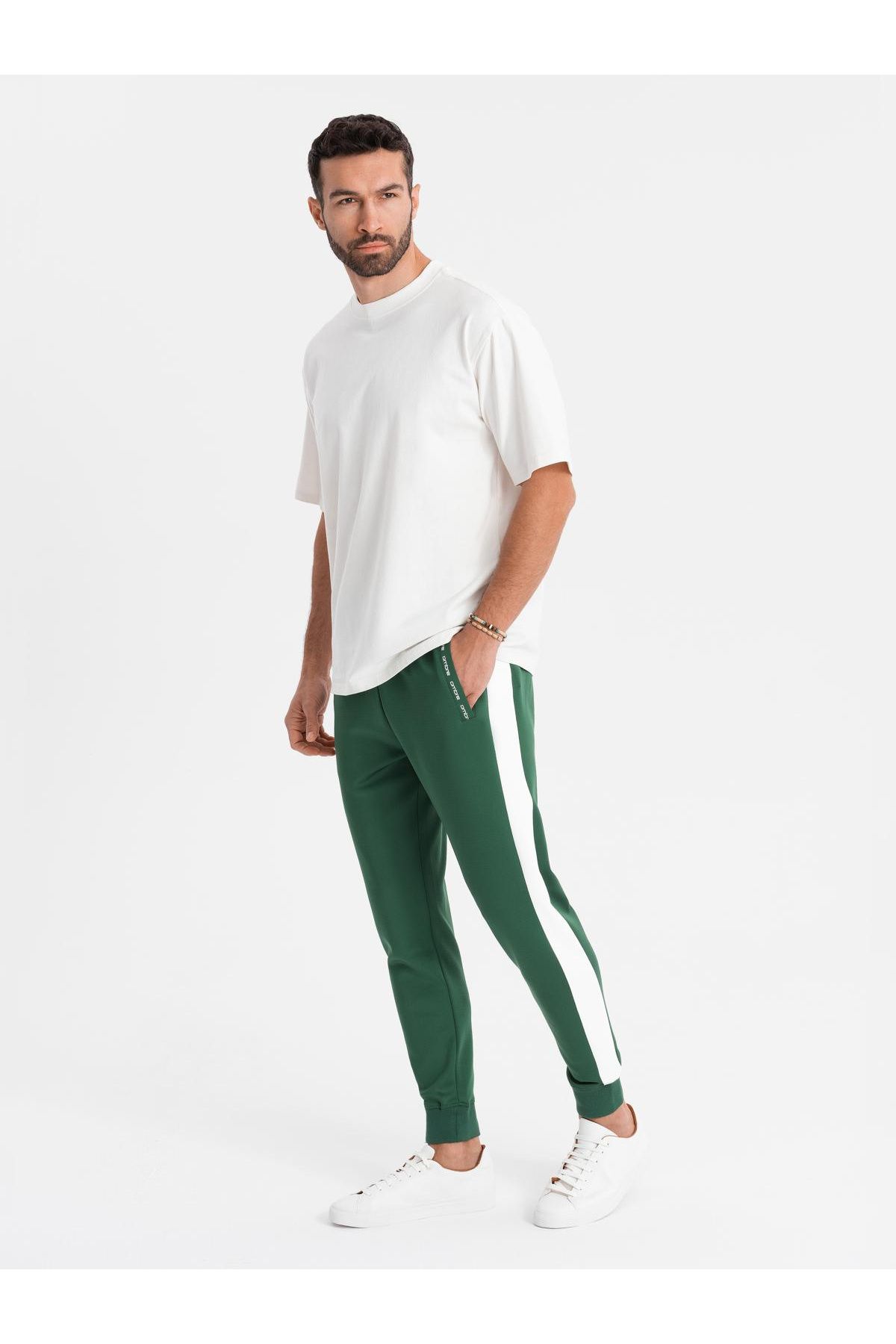 OMBRE-Herren Jogginghose Jogger mit Kontraststreifen - Dunkelgrün V7 OM-PASK-0229 S 5