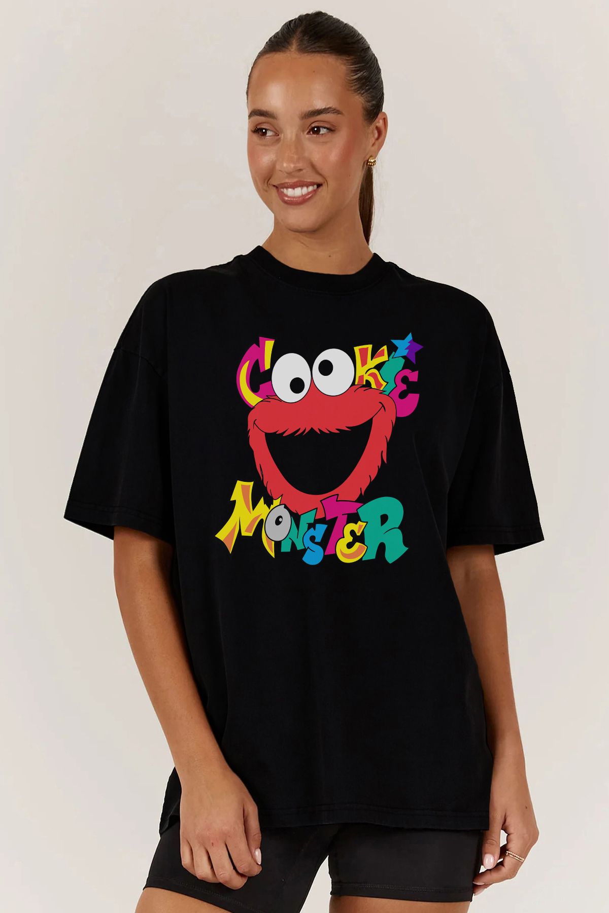 MODA Cookie Monster Kurabiye Canavarı Baskılı Oversize Kalıp Siyah Geniş Bol Kesim Kadın Tişört