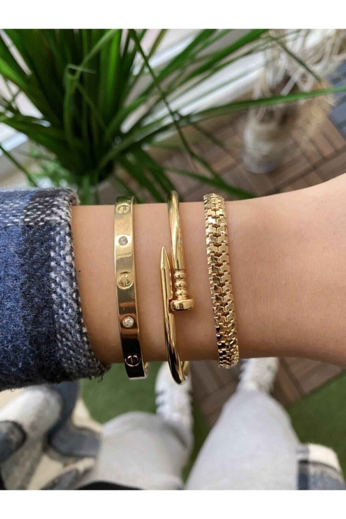 JEWELRY Altın Renk Kadın 3'lü Kombin Çivi Tırtıl Renk Atmaz Bileklik Kombin Seti - 2415