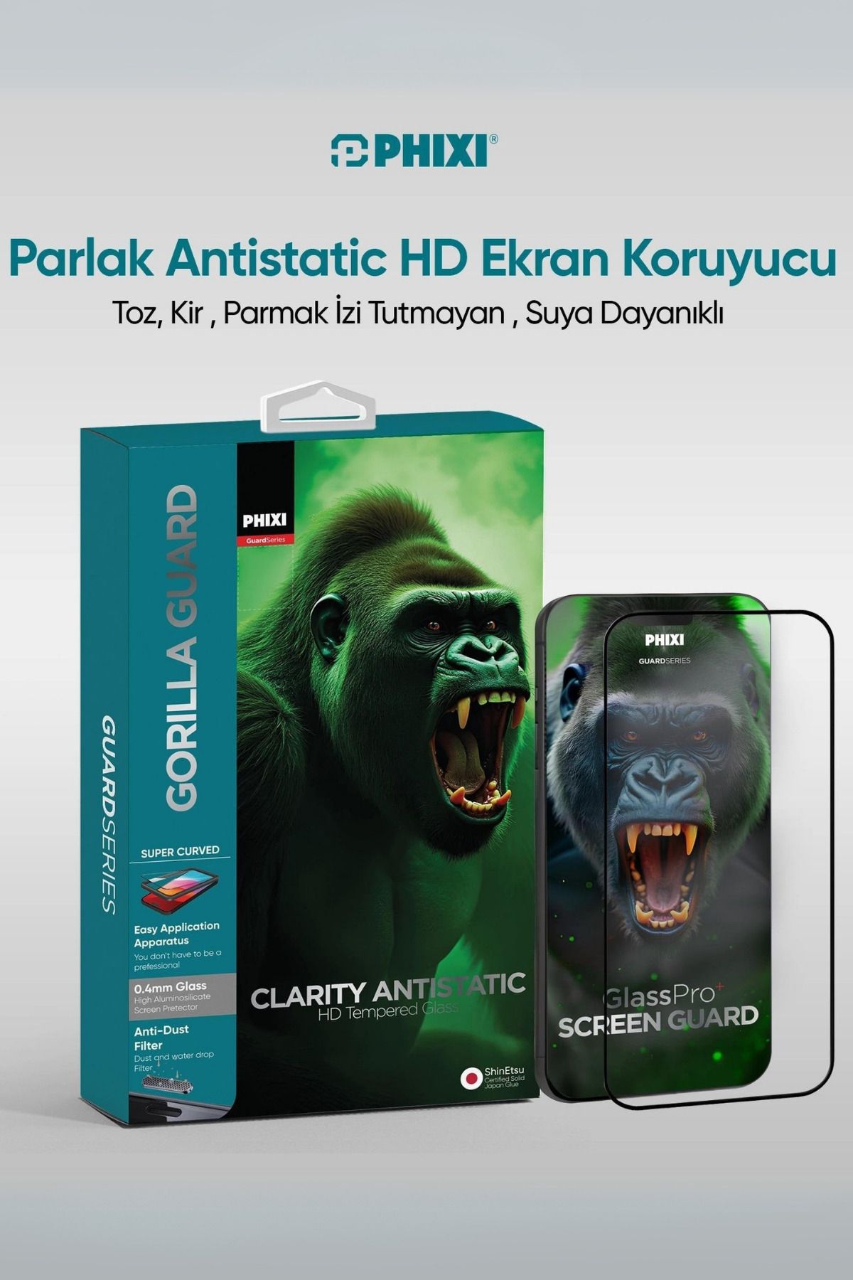 L'eDoren Phixi Gorilla Guard iPhone 15 Pro Max Kırılmaz Cam – HD Temperli, Tekrar Yapışabilir