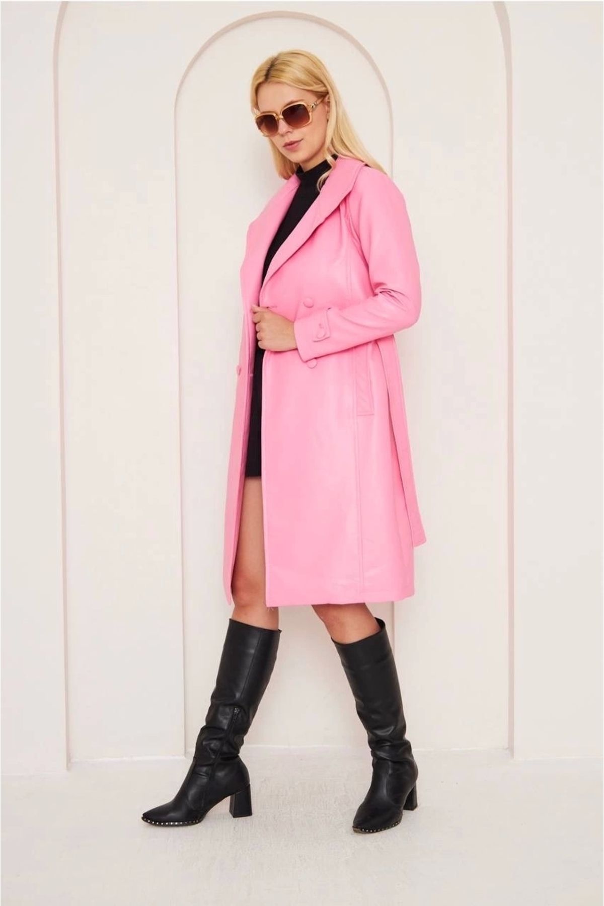BellevieStore DÜĞMELİ UZUN DERİ KABAN