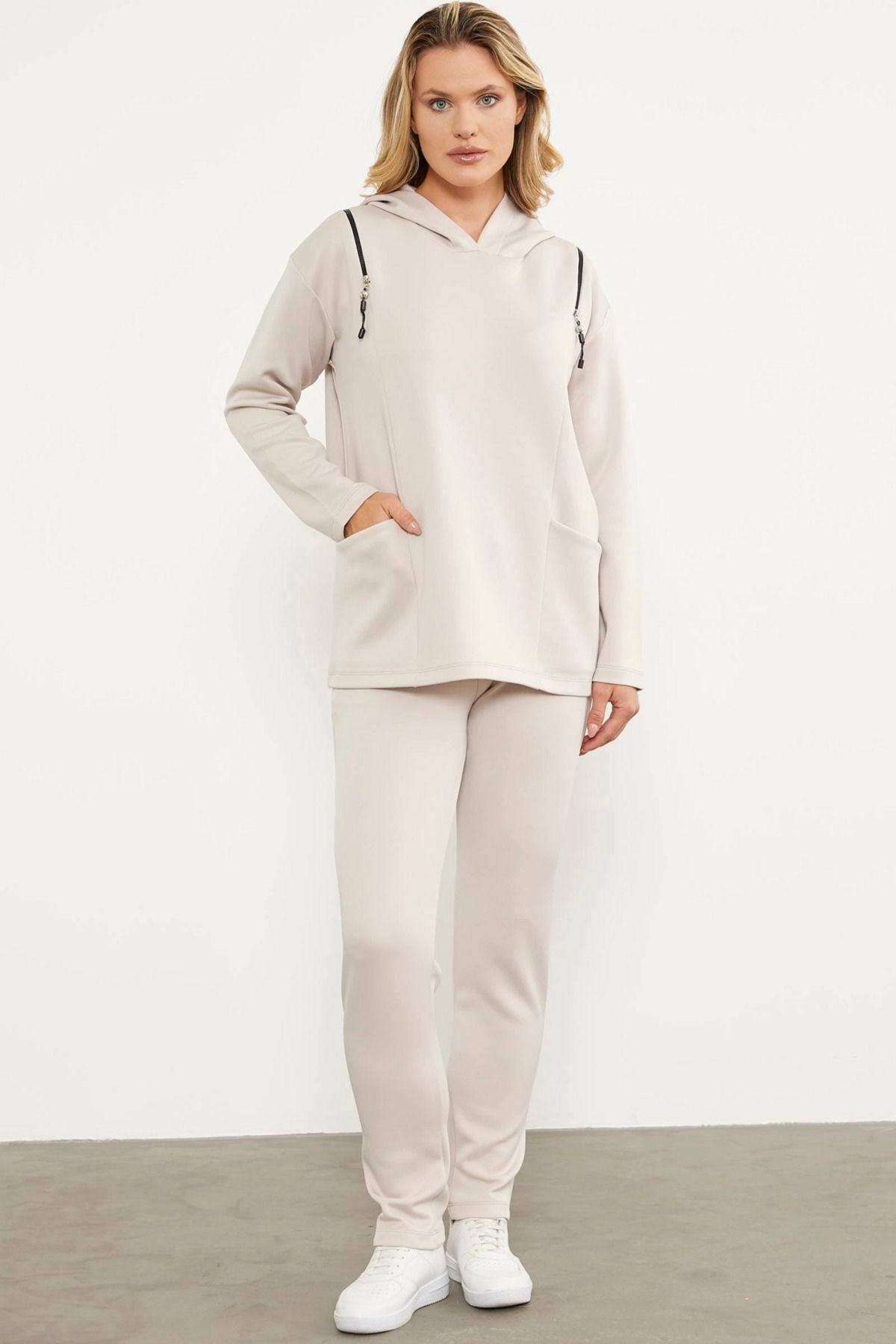 Modafiks Sementa 76266 Fermuar Detaylı Cepli Eşofman Takım - Bej - 2XL