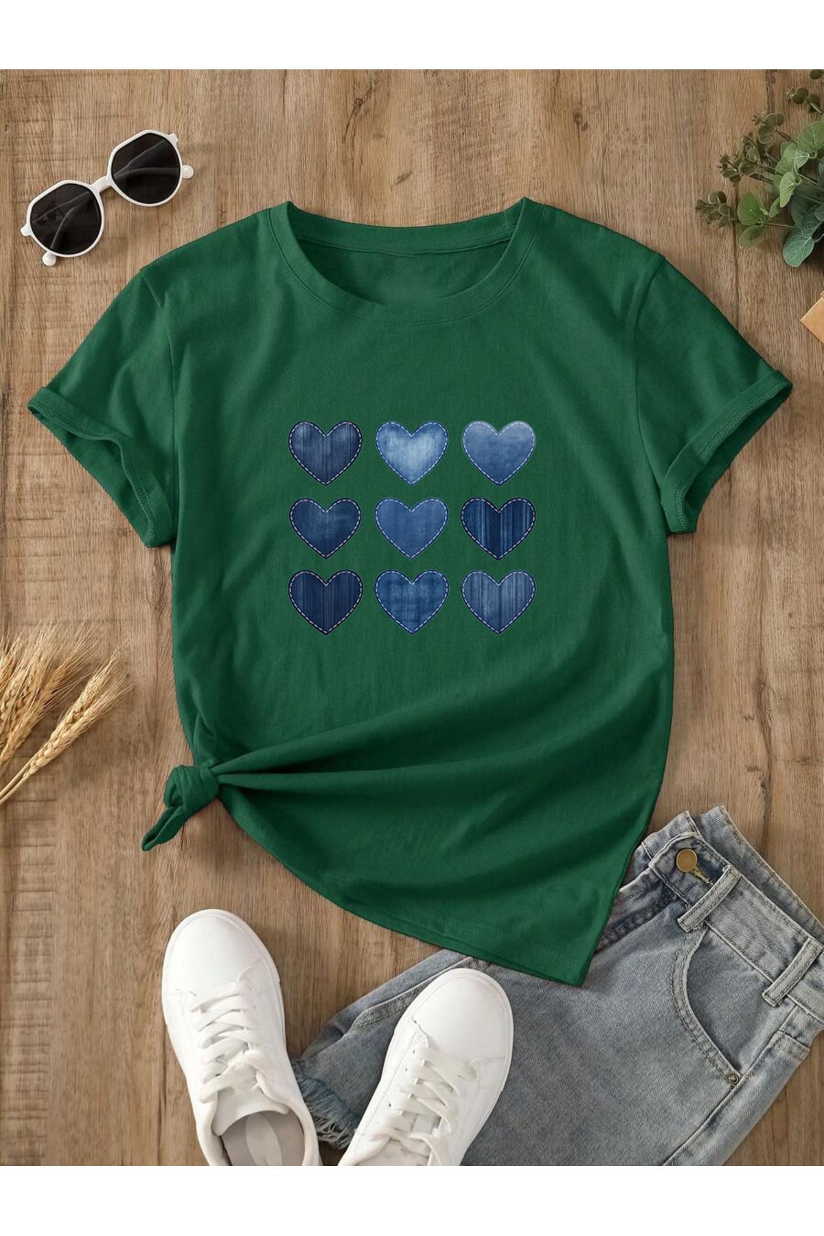 uyguntarz Unisex Jean Desenli Kalp Tasarım Basklı Tshirt