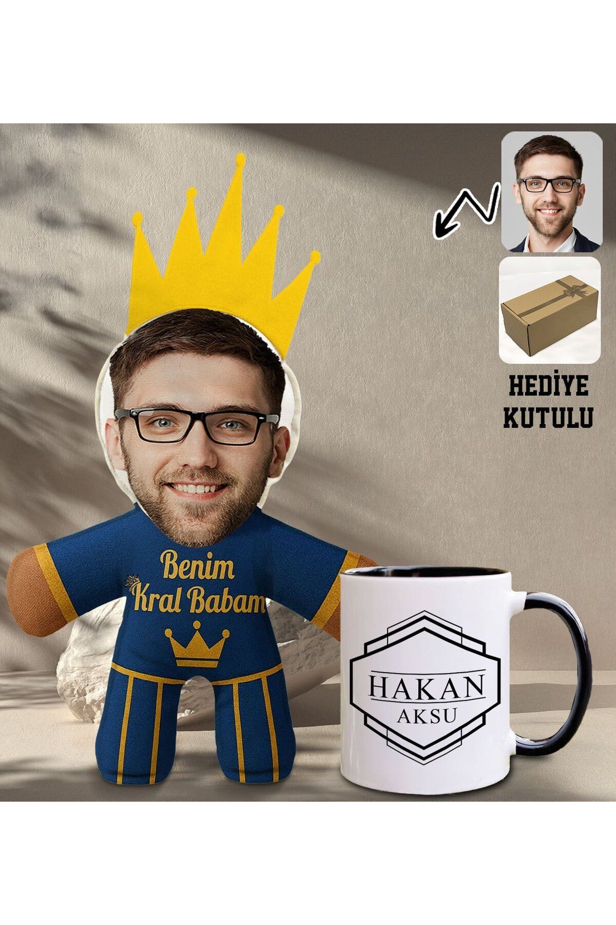 Bk Gift Kişiye Özel Fotoğraflı Kral Babam Tasarımlı Bebek Yastık-2 & Siyah Kupa Bardak Hediye Seti-5