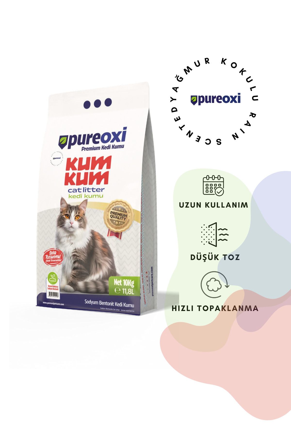 PureOxi KOPYA - Kum Kum Premium Yağmur Kokulu Topaklanan Kedi Kumu 10 kg – Taze Koku, Koku Önleyici, Emici