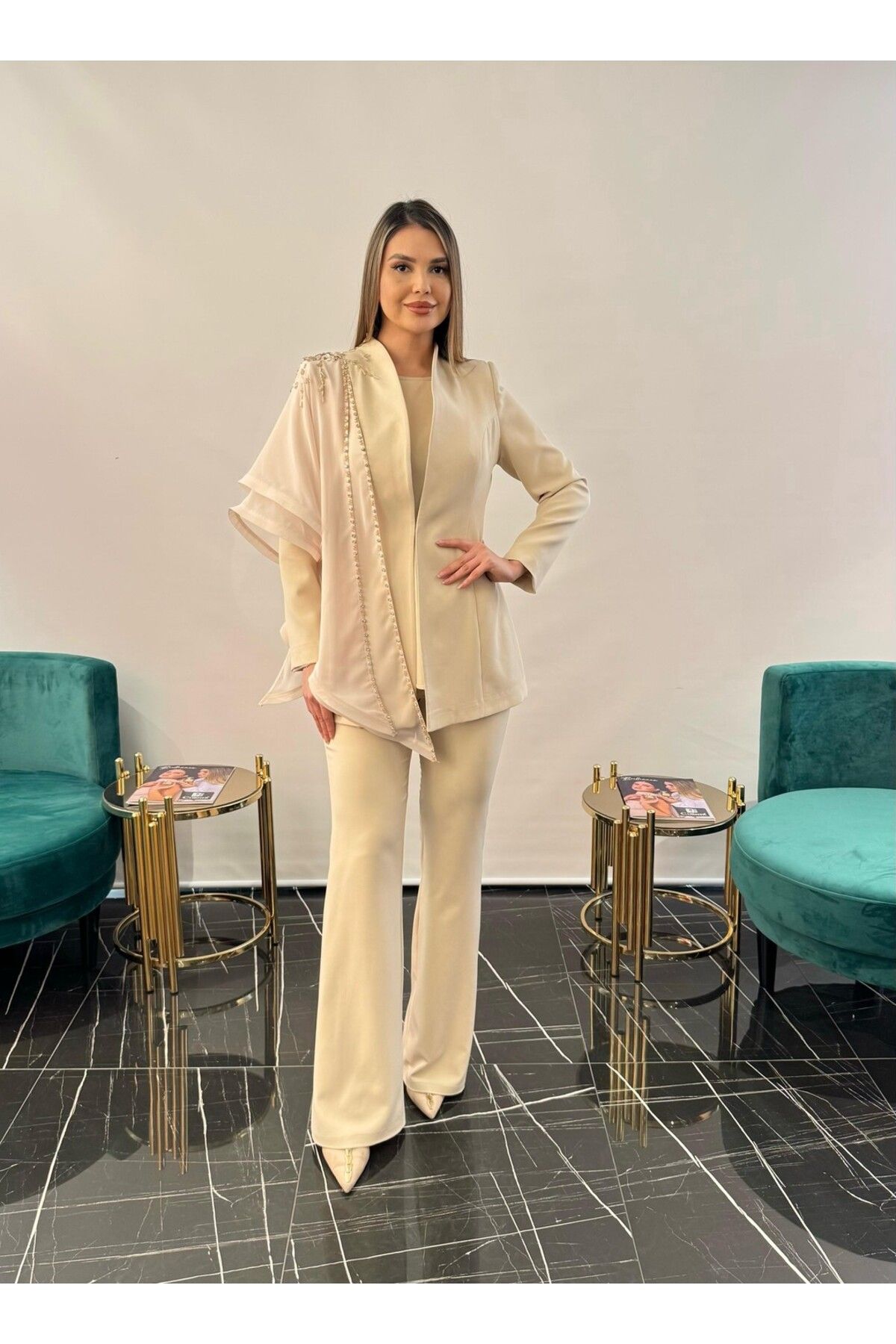 White Corner 3238 CEKET PANTOLON BLUZ ABİYE TAKIM