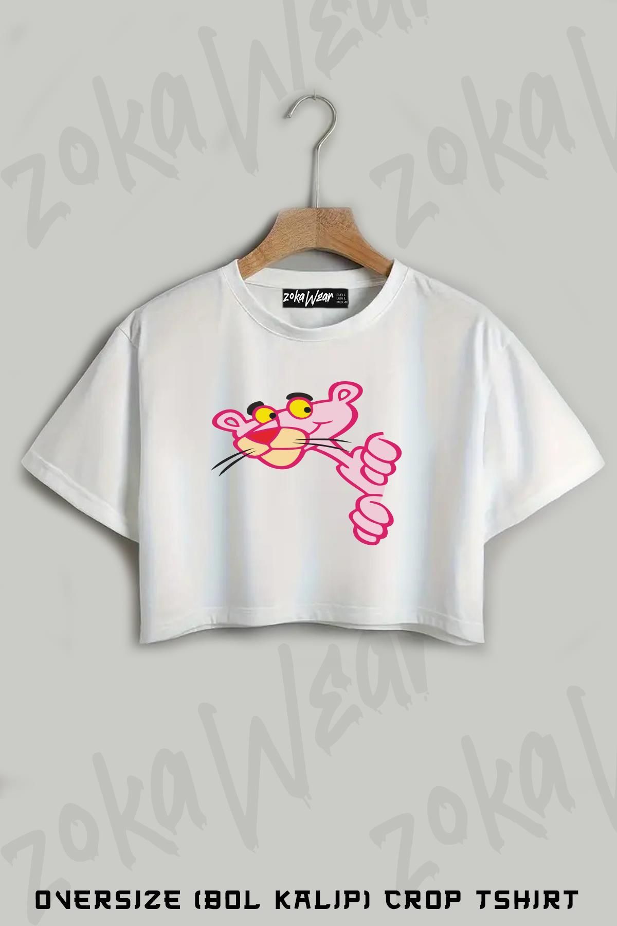 ZOKAWEAR Meraklı Pembe Panter Baskılı Oversize Crop T-Shirt