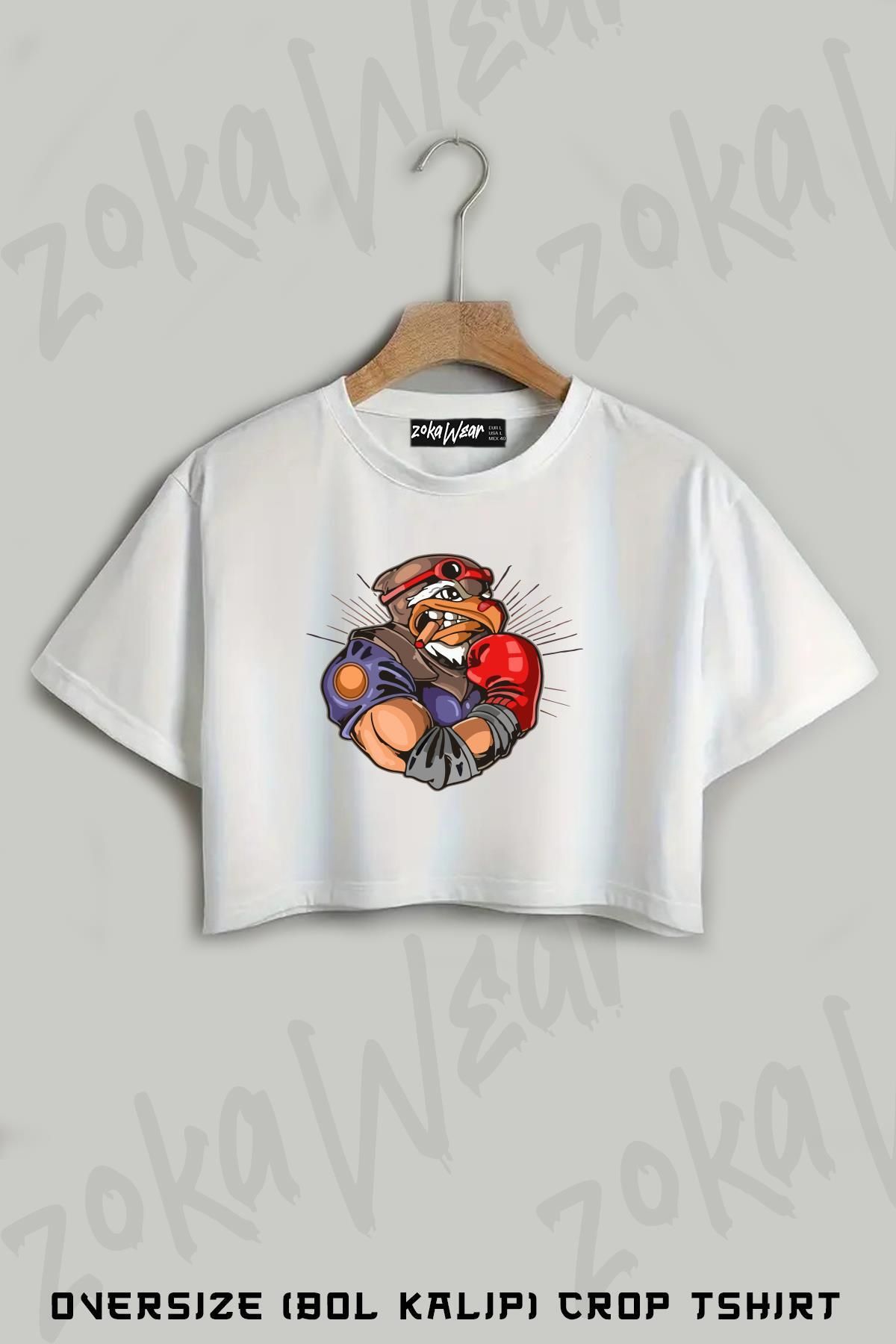 ZOKAWEAR Boksör Kartal Baskılı Oversize Crop T-Shirt