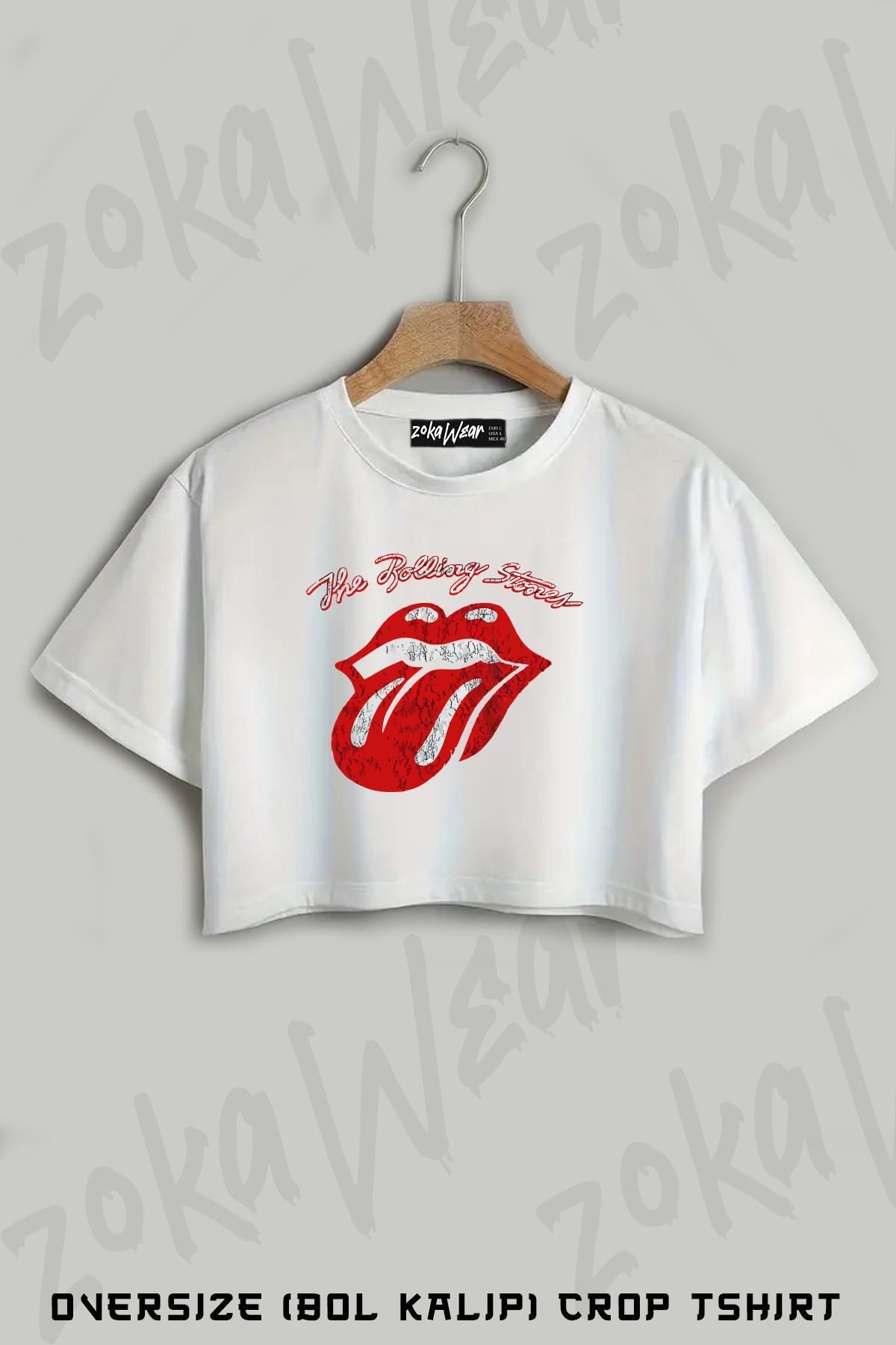 ZOKAWEAR The Rolling Stones Baskılı Oversize Crop T-Shirt