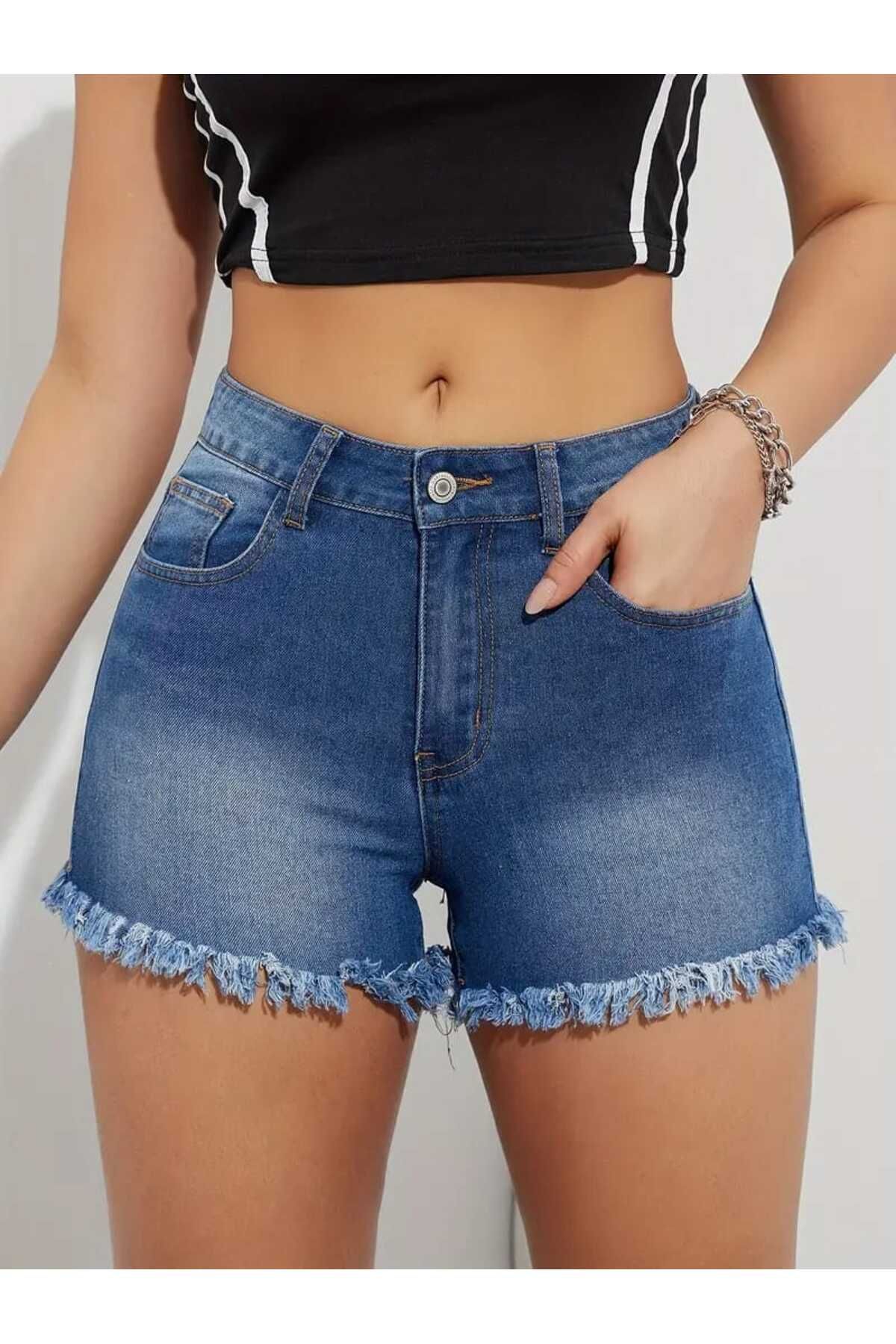 viking's line KOPYA - Kadın Buz Mavi Yırtık Lazer püsküllü Detay Kot Mini Şort