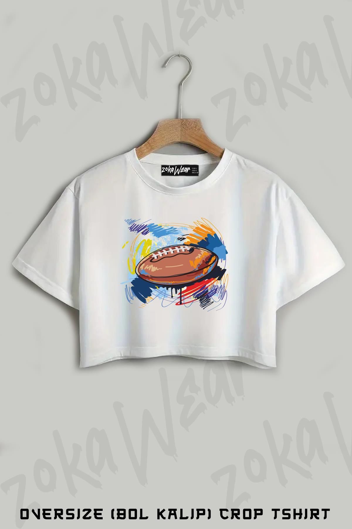 ZOKAWEAR amerikan futbol Baskılı Oversize Crop T-Shirt