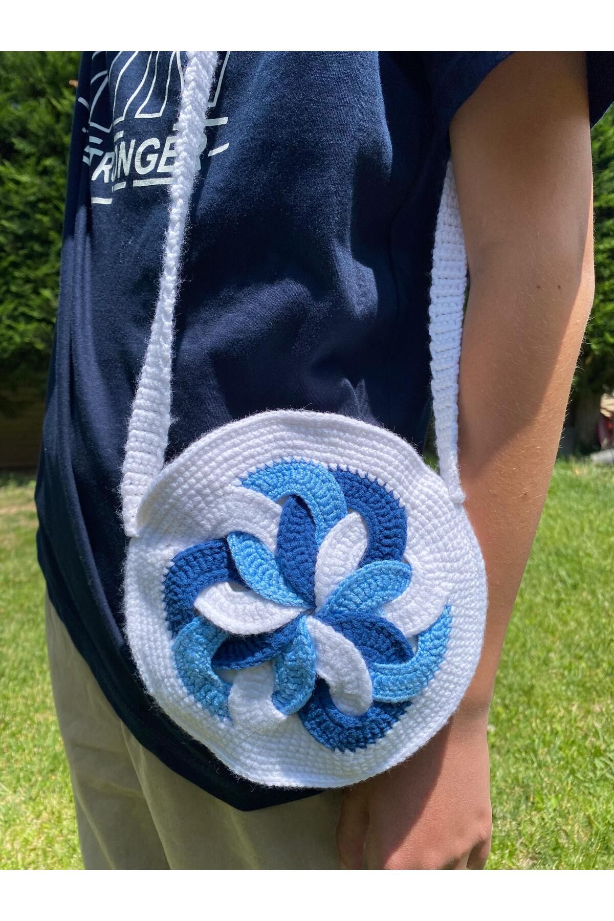 Innovate Store El Yapımı Amigurumi Spiral Desen Yumuşak Tatlı Mavi Omuz Kol Çantası