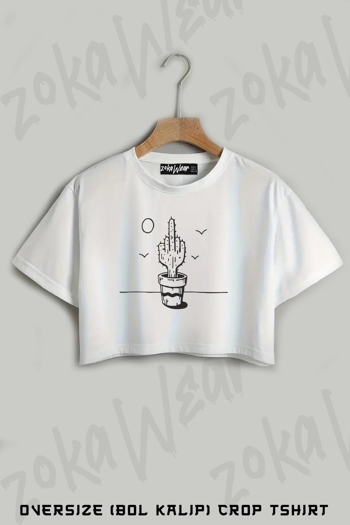 ZOKAWEAR Cactus Hand Kaktüs Baskılı Oversize Crop T-Shirt