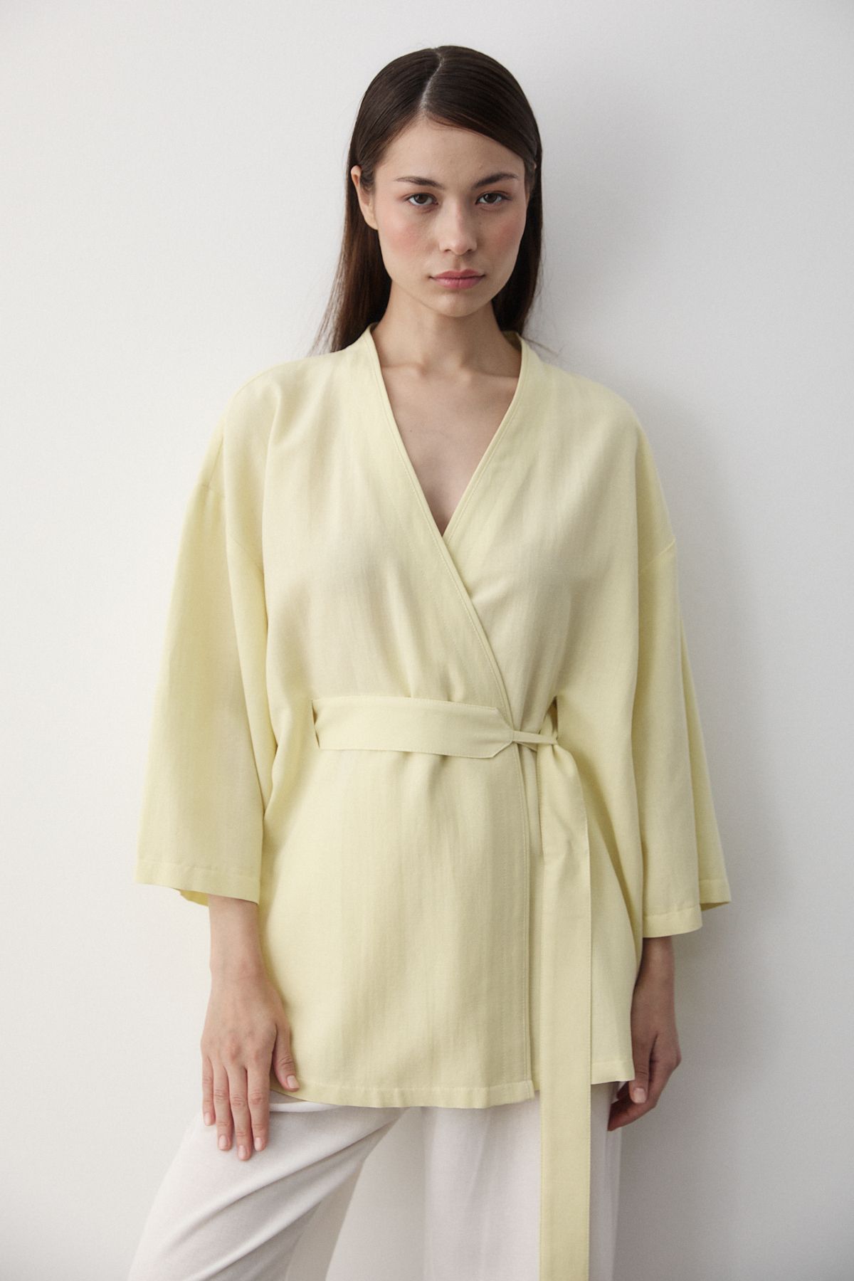 Laluvia Sarı Iç Kemerli Kimono - 5383