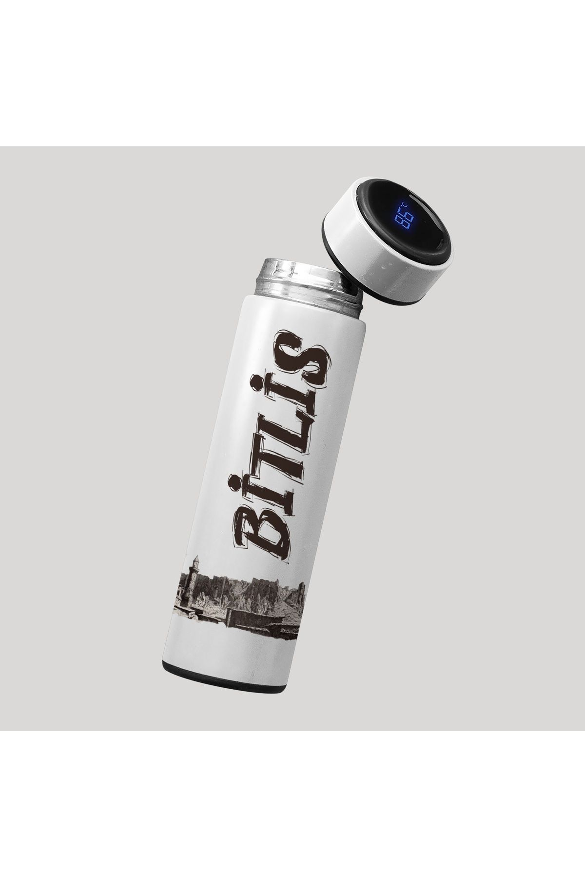 ZERYA Bitlis Kalesi Resimli Dijital Göstergeli Çelik Termos - 450 mlt - Bitlis Kalesi Termosu