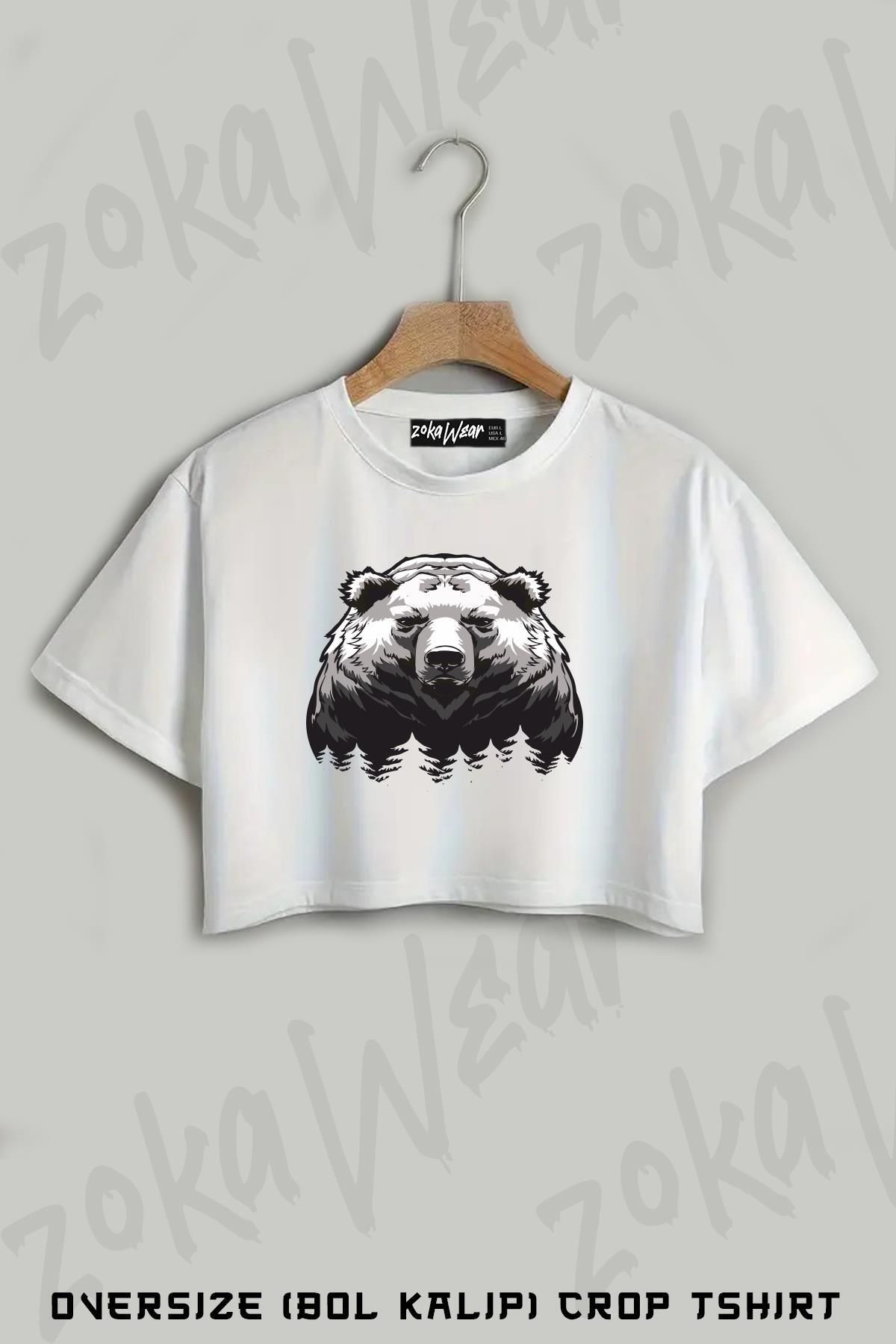 ZOKAWEAR Ayı Ve Doğa Baskılı Oversize Crop T-Shirt