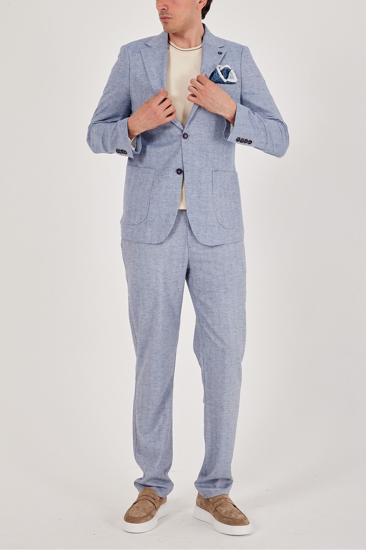 ACTUAL Slim Fit Keten Karışımlı Mono Yaka Torba Cep Takım Elbise 4071 Mavi