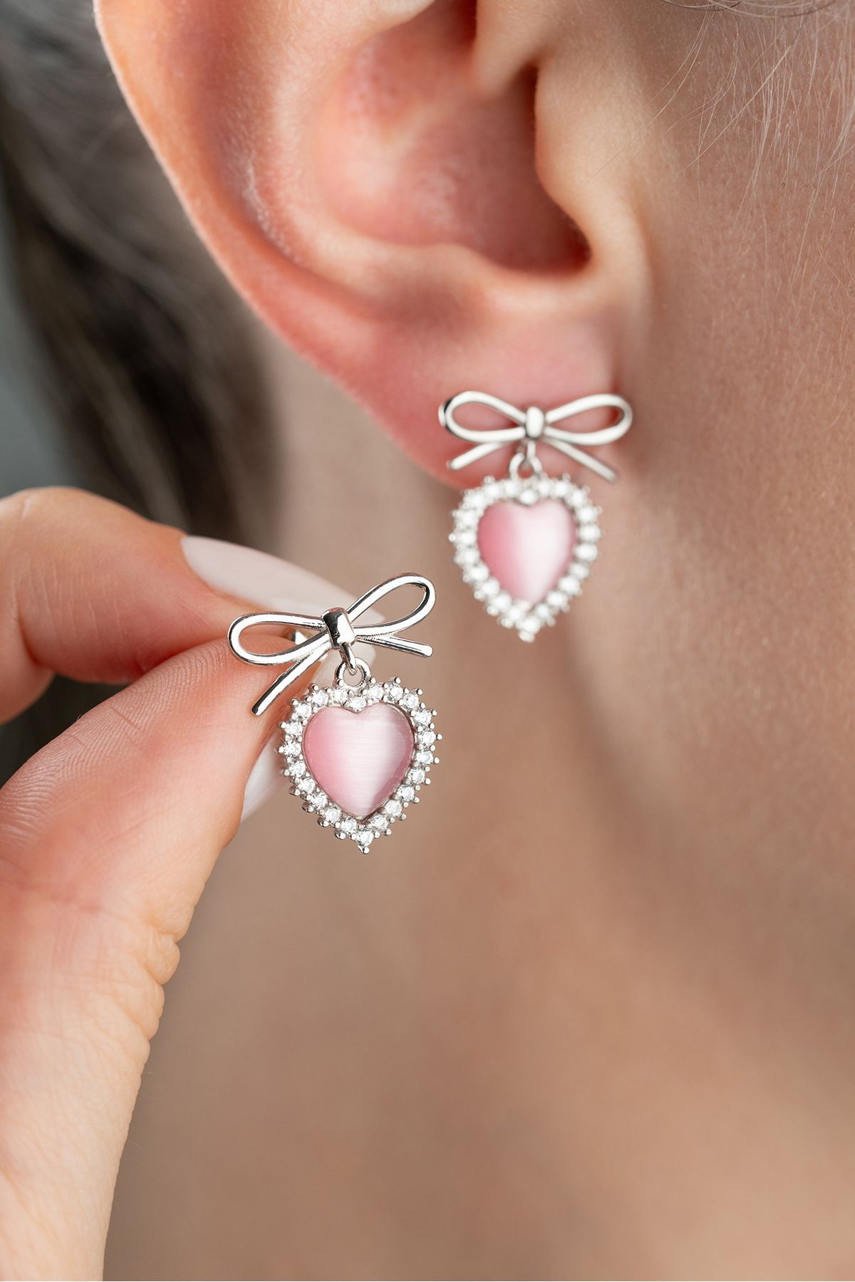 Silvano Jewelry 925 Ayar Gümüş Fiyonklu Pembe Kalp Küpe