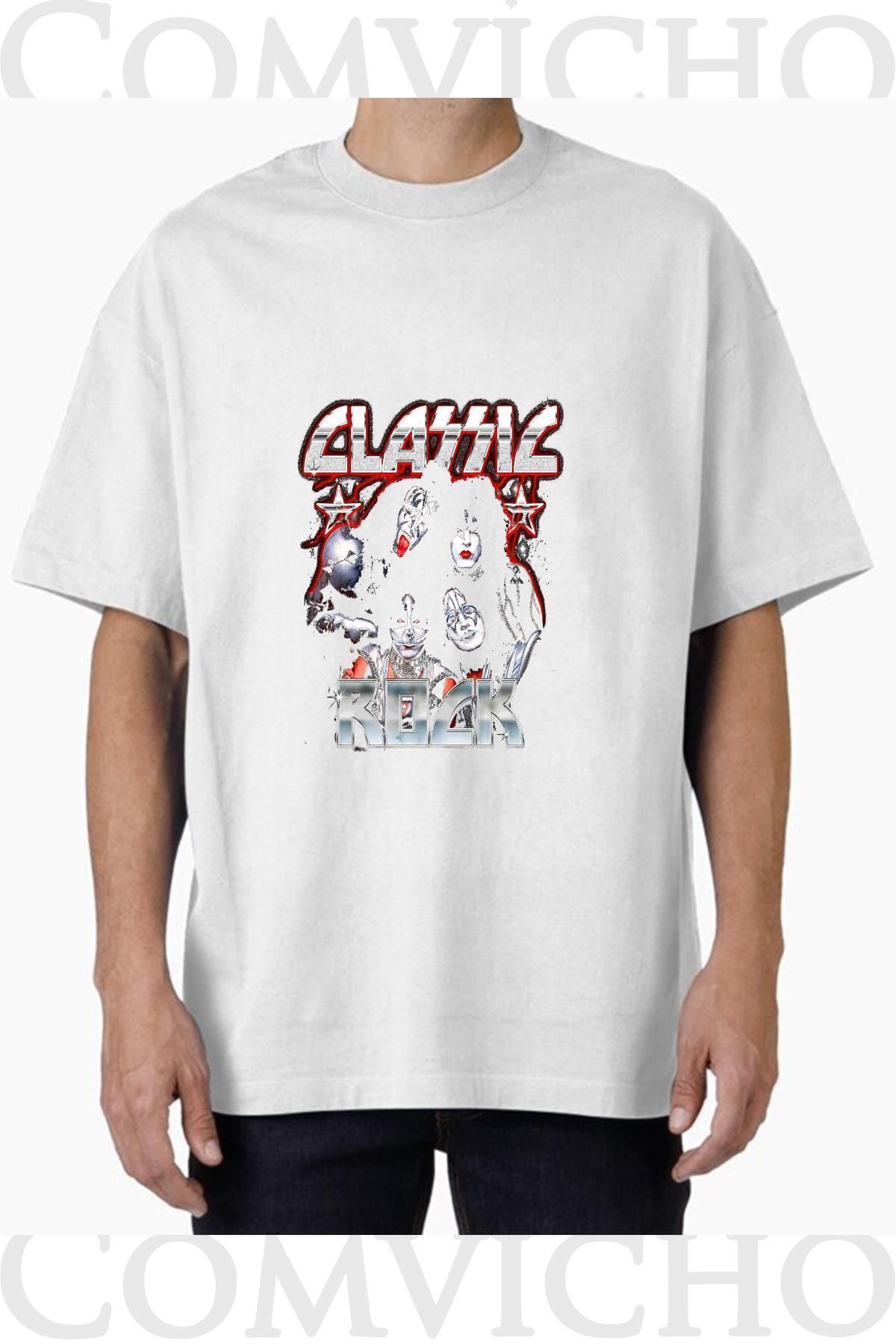 COMVİCHO Unisex classıc rock v1 Tasarım Baskılı Oversize Tişört