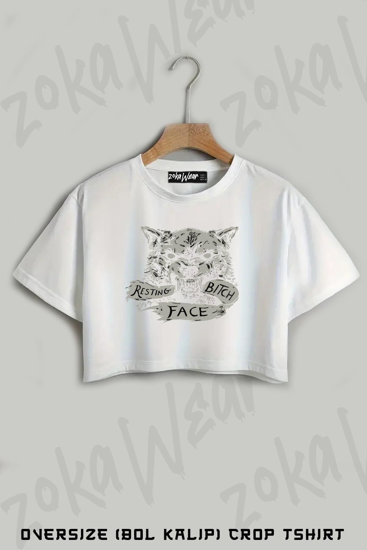 ZOKAWEAR Resting Bitch Face Baskılı Oversize Crop T-Shirt