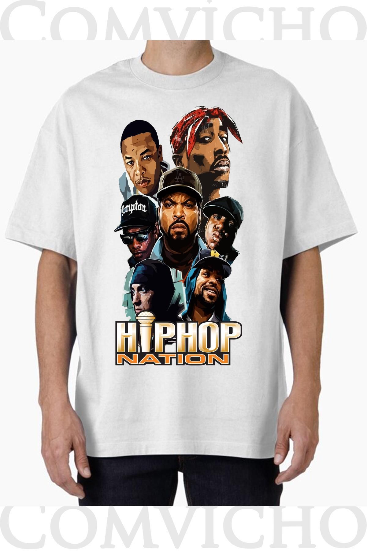 COMVİCHO Unisex hıphop natıon Tasarım Baskılı Oversize Tişört