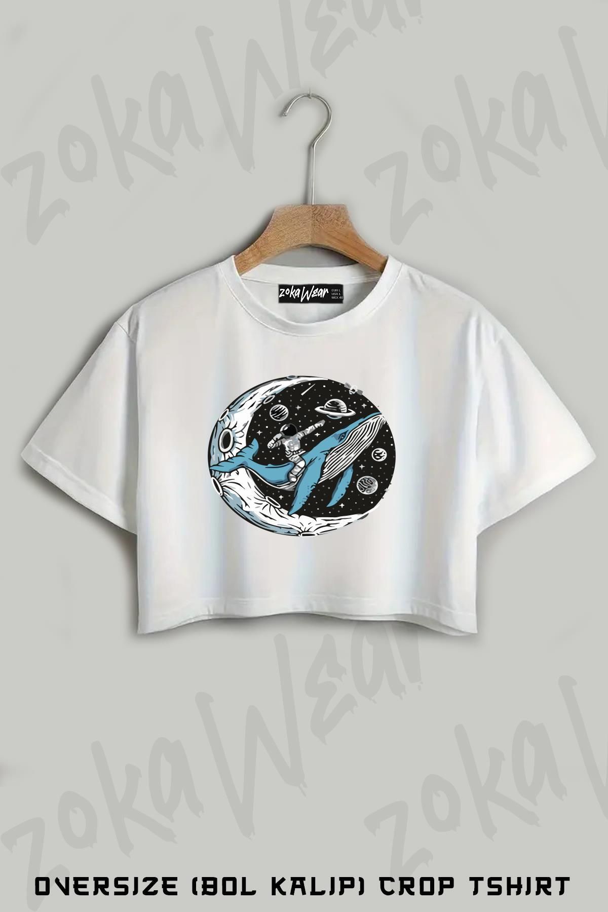 ZOKAWEAR Astronot, Whale Driver Astronaut, Uzay, Nasa Baskılı Oversize Crop T-Shirt