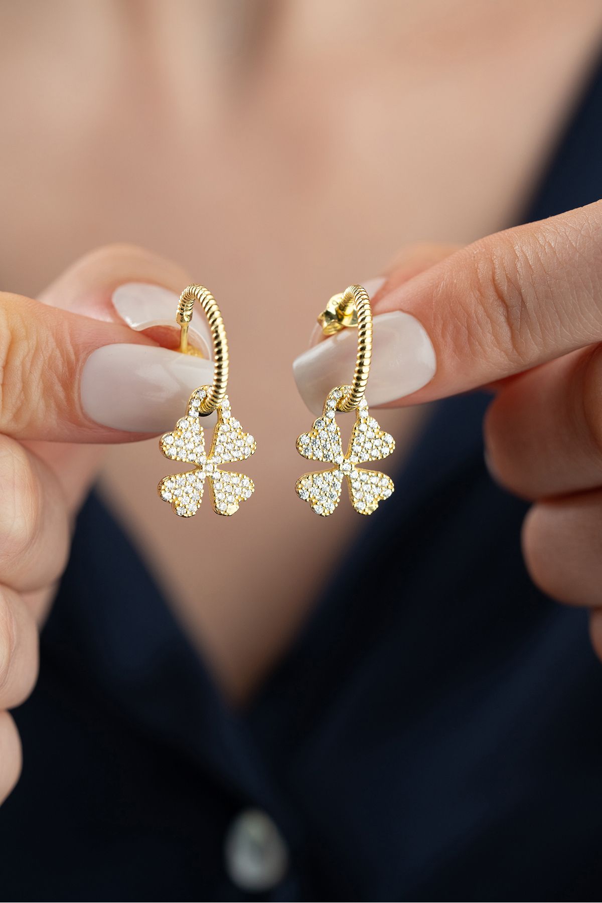 Silvano Jewelry 925 Ayar Gümüş Gold Zirkon Taşlı Yonca Küpe