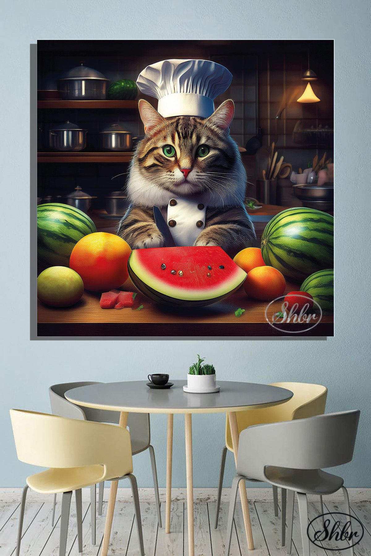 Şehber Tekli Kare Kanvas Dekoratif Duvar Tablosu , Aşçı Kedi, Karpuz Kesen Kedi,
